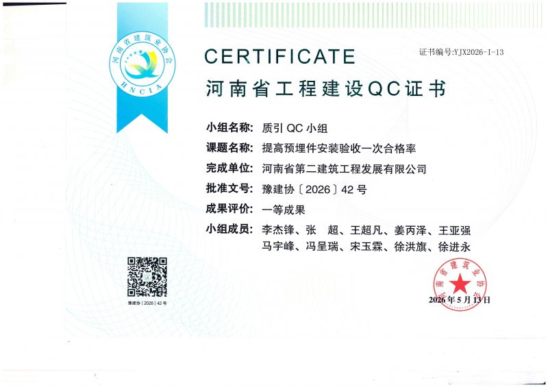 质引QC小组荣获河南省建筑业协会一等成果