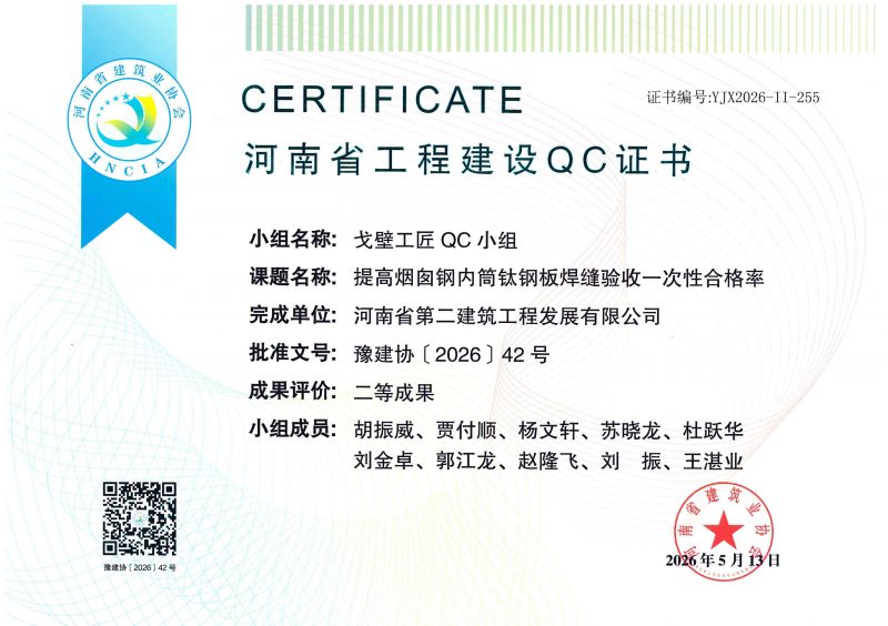 戈壁工匠QC小组荣获河南省建筑业协会二等成果