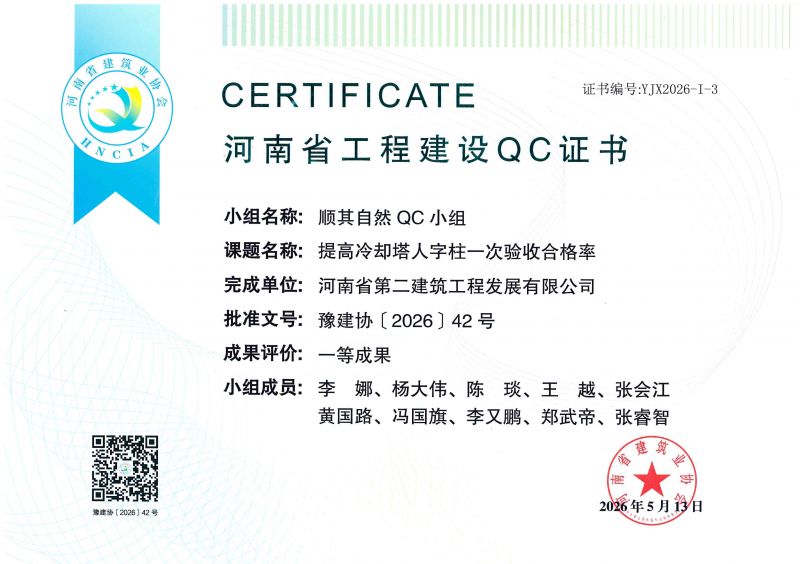 顺其自然QC小组荣获河南省建筑业协会一等成果