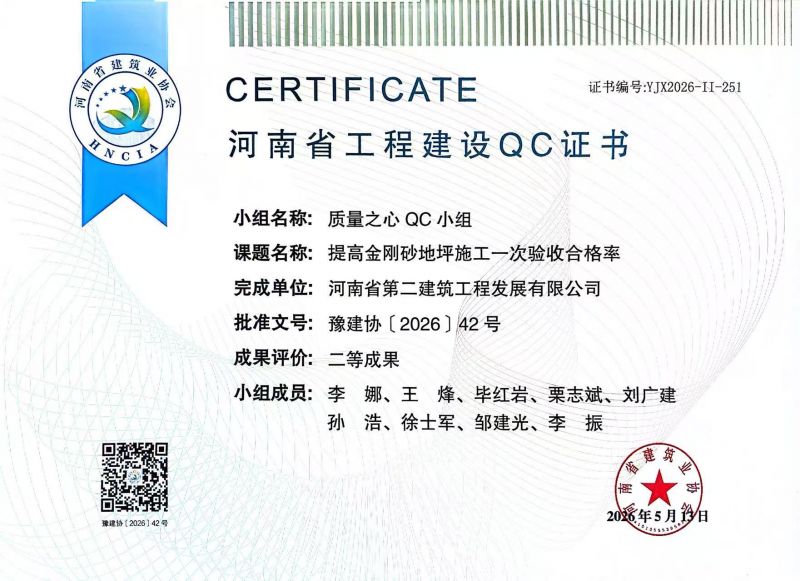 质量之心QC小组荣获河南省建筑业协会二等成果